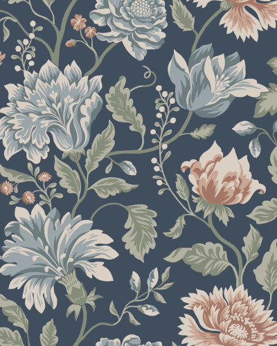 Tapet lavabil cu design floral clasic in nuante de albastru si roz pal