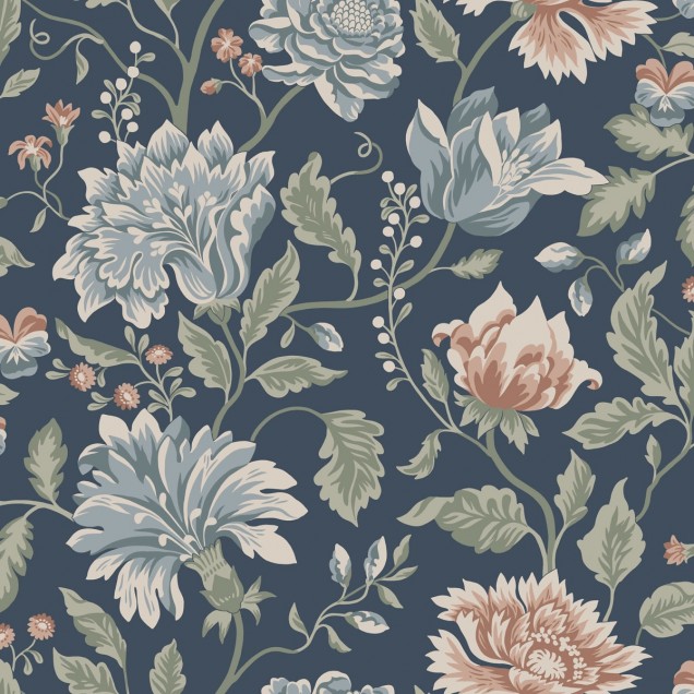 Tapet lavabil cu design floral clasic in nuante de albastru si roz pal