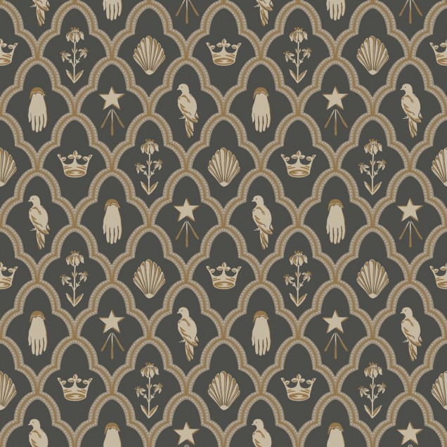 Tapet Turtledove Barn Charcoal - design geometric gri și auriu cu motive delicate