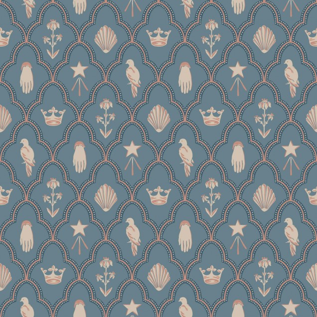 Tapet Turtledove Barn Indigo Blue, cu un design delicat cu motive florale, în nuanțe de albastru pastel.