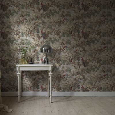 Tapet lavabil cu model clasic de frunze si pasari, perfect pentru un dormitor, living sau hol.