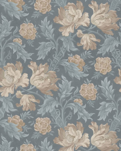 Tapet lavabil cu flori delicate de un albastru estompat, folosit într-un decor modern