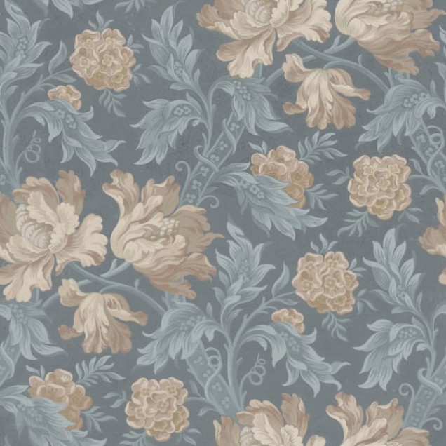 Tapet lavabil cu flori delicate de un albastru estompat, folosit într-un decor modern