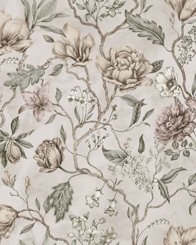 Tapet floral cu flori pastelate în tonuri de roz, verde și gri pe un fundal deschis. Tapetul este lavabil și perfect pentru a crea o atmosferă romantică și primitoare.
