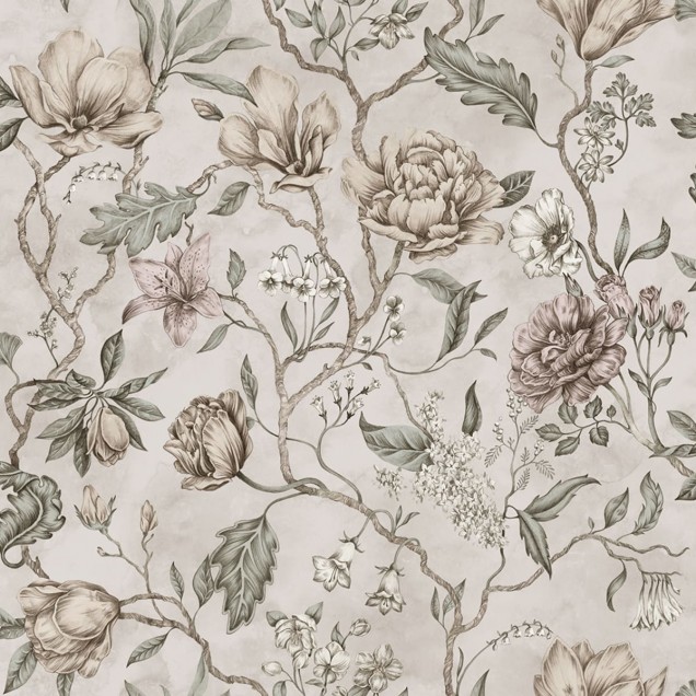 Tapet floral cu flori pastelate în tonuri de roz, verde și gri pe un fundal deschis. Tapetul este lavabil și perfect pentru a crea o atmosferă romantică și primitoare.