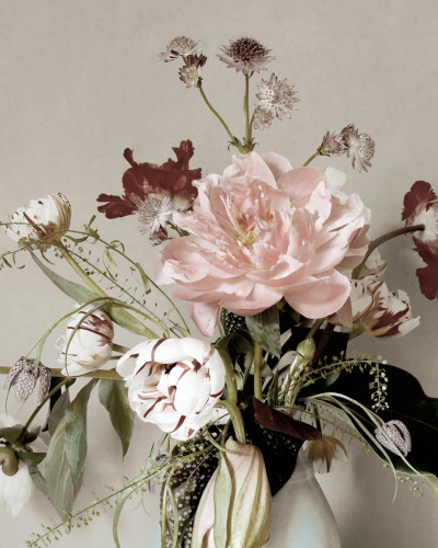 Tapet floral lavabil cu flori roz si maro pe un perete din dormitor
