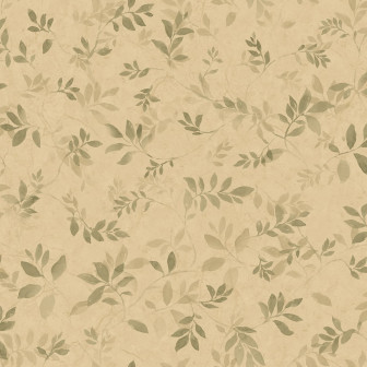 Tapet Mila Olive Green cu model de frunze delicate, într-un dining luminos, cu masă albă și accente lemnoase.