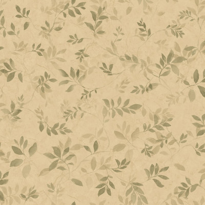Tapet Mila Olive Green cu model de frunze delicate, într-un dining luminos, cu masă albă și accente lemnoase.