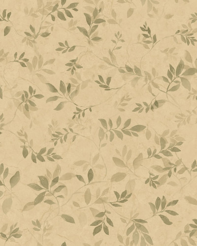 Tapet Mila Olive Green cu model de frunze delicate, într-un dining luminos, cu masă albă și accente lemnoase.