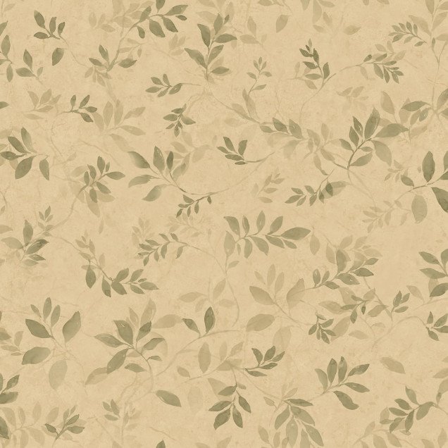Tapet Mila Olive Green cu model de frunze delicate, într-un dining luminos, cu masă albă și accente lemnoase.