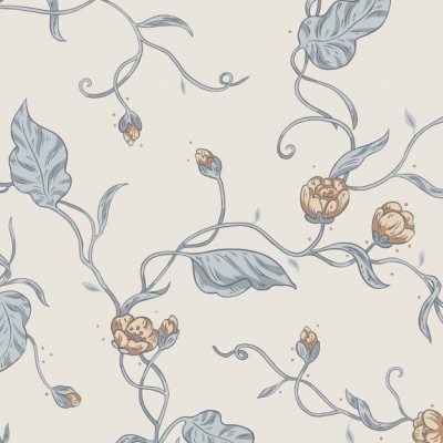 Tapet lavabil Elmire Soft Blue, cu un model floral fin, in nuante de albastru si roz, decorat cu flori delicate si frunze subtiri.