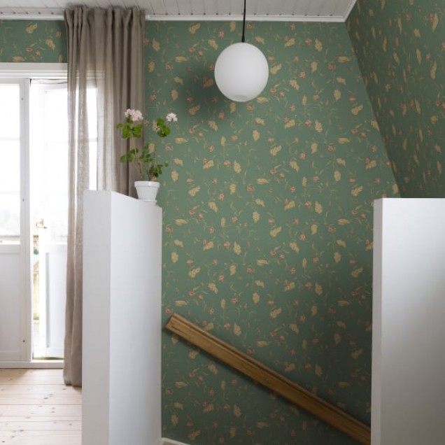 Tapet lavabil cu design clasic, Elmire Emerald, verde cu accente de roșu și galben