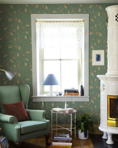 Tapet lavabil cu design clasic, Elmire Emerald, verde cu accente de roșu și galben