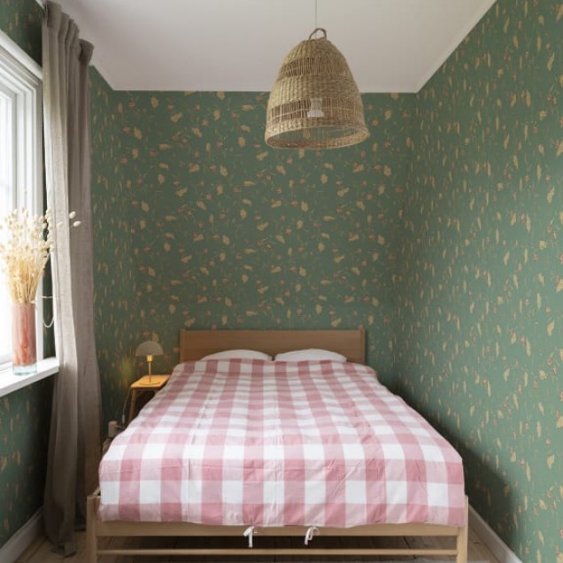 Tapet lavabil cu design clasic, Elmire Emerald, verde cu accente de roșu și galben