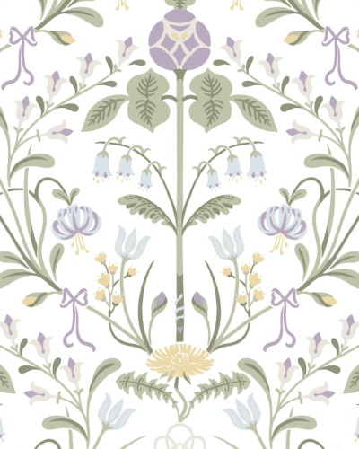 Tapet lavabil cu model floral delicat, in nuanțe pastelate de lila și verde.