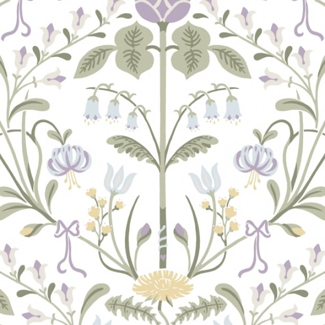 Tapet lavabil cu model floral delicat, in nuanțe pastelate de lila și verde.
