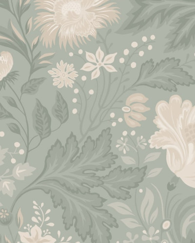 Tapet floral cu un fundal verde salvie, cu un design elegant și delicat. Acesta este un tapet lavabil, perfect pentru a crea o atmosferă relaxantă și primitoare în orice cameră.