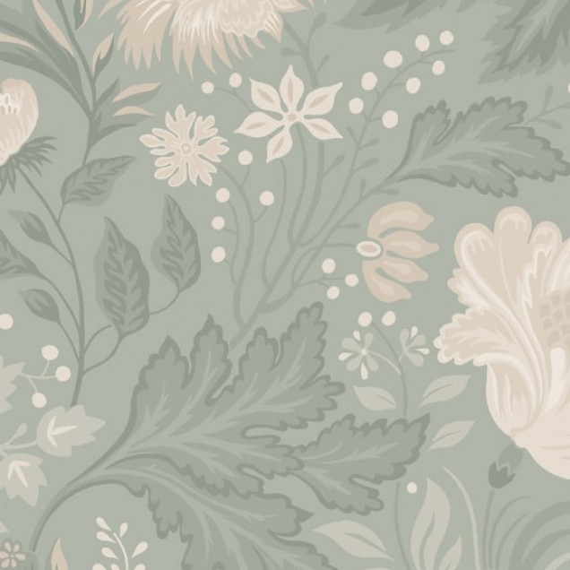 Tapet floral cu un fundal verde salvie, cu un design elegant și delicat. Acesta este un tapet lavabil, perfect pentru a crea o atmosferă relaxantă și primitoare în orice cameră.