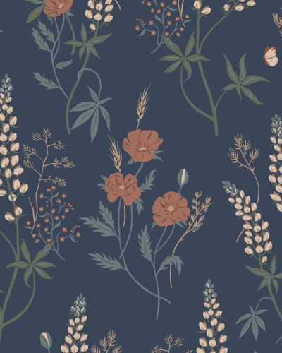 Tapet lavabil cu model floral delicat, cu flori roz si alb pe un fundal albastru inchis.