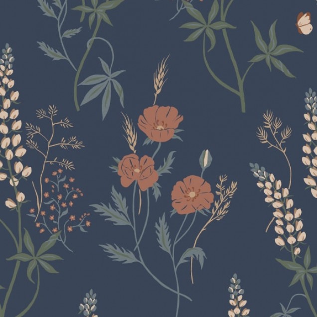 Tapet lavabil cu model floral delicat, cu flori roz si alb pe un fundal albastru inchis.