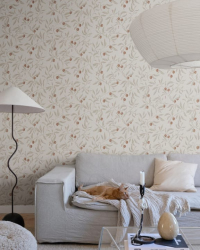Tapet lavabil cu aspect elegant, cu design minimalist cu ramuri și fructe de culoare maro deschis pe fond alb.
