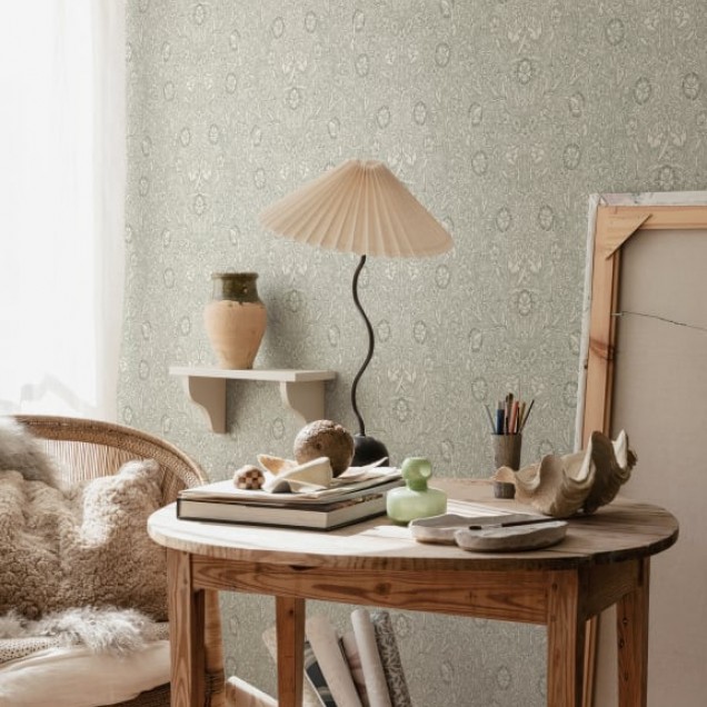 Tapet lavabil Caroline Moss Green cu un design floral delicat pe un fond verde mușchi