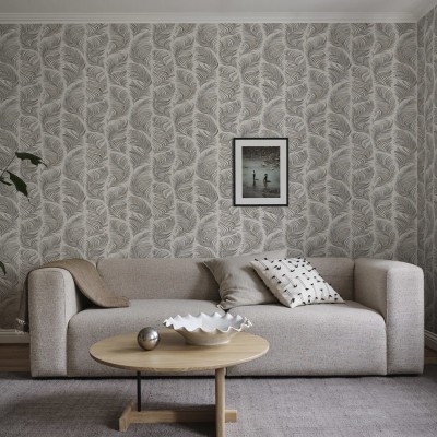 Tapet cu model de frunze de palmier, culori neutre, ideal pentru living