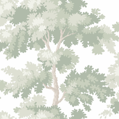 Tapet lavabil cu design elegant, cu copaci în nuanțe de verde deschis pe un fundal alb.