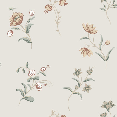 Tapet floral Hanna Sandstone, cu flori mici, pe un fundal crem.