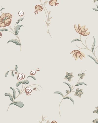 Tapet floral Hanna Sandstone, cu flori mici, pe un fundal crem.