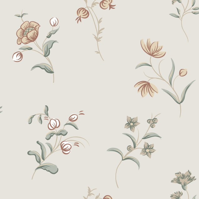 Tapet floral Hanna Sandstone, cu flori mici, pe un fundal crem.
