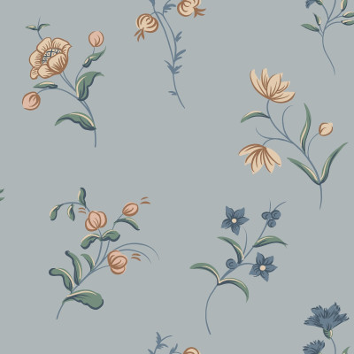 Tapet floral Hanna Misty Blue cu model discret si minimalist, cu nuante de albastru si galben pastel