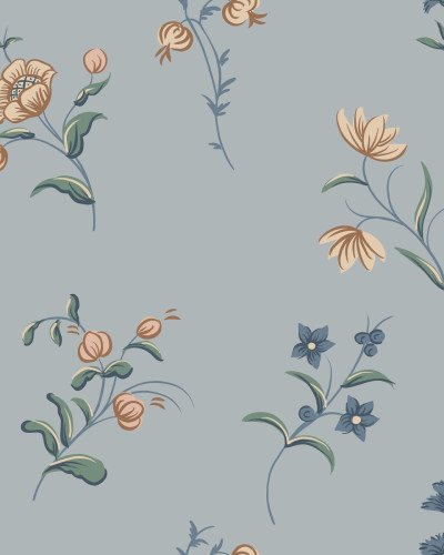 Tapet floral Hanna Misty Blue cu model discret si minimalist, cu nuante de albastru si galben pastel