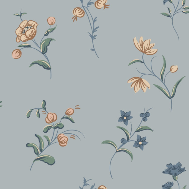 Tapet floral Hanna Misty Blue cu model discret si minimalist, cu nuante de albastru si galben pastel