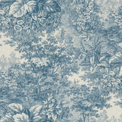 Tapet lavabil Forest Toile, Blue, cu un design clasic toile, cu o pădure albastră cu frunze și flori decolorate.