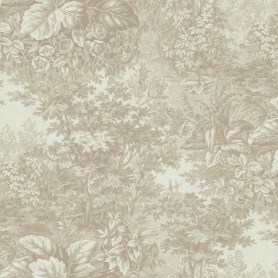Imagine cu un tapet Forest Toile Sandstone într-o cameră de luat masa, cu o masă din lemn și scaune de lemn, un dulap vintage și o bibliotecă din lemn. Tapetul este decorat cu un model de toaletă delicat, în nuanțe de nisip.