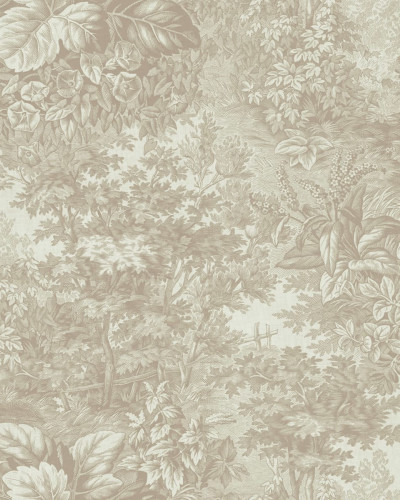 Imagine cu un tapet Forest Toile Sandstone într-o cameră de luat masa, cu o masă din lemn și scaune de lemn, un dulap vintage și o bibliotecă din lemn. Tapetul este decorat cu un model de toaletă delicat, în nuanțe de nisip.