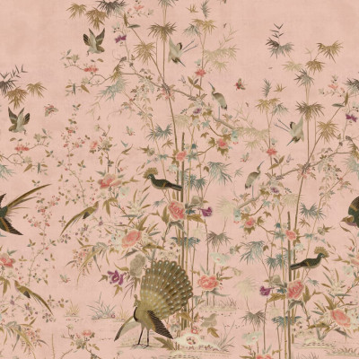 Wallpaper lavabil cu un design Chinoiserie Garden, în tonuri de roz, cu imaginea unor păsări exotice și flori delicate.
