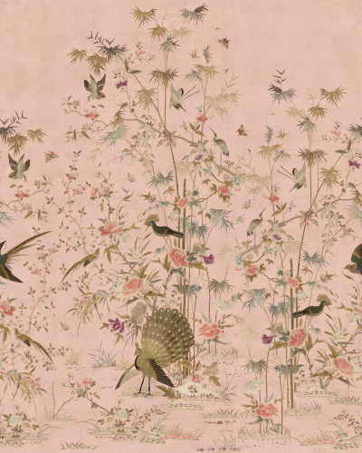 Wallpaper lavabil cu un design Chinoiserie Garden, în tonuri de roz, cu imaginea unor păsări exotice și flori delicate.