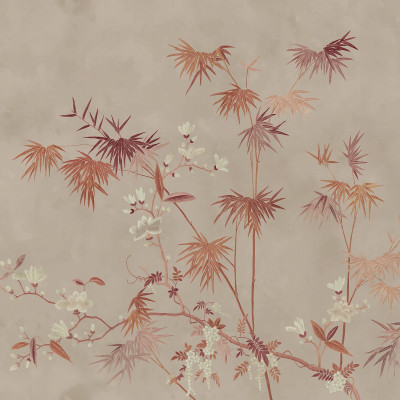 Tapet lavabil cu un design minimalist inspirat de natura asiatică. Prezinta ramuri de bambus și flori delicate, pictate cu o nuanță de lut caldă, pe un fundal gri deschis.