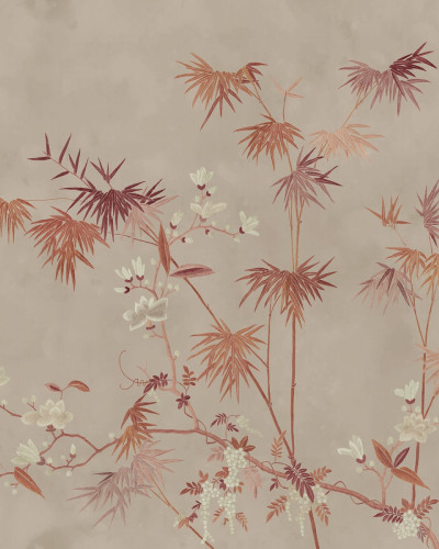 Tapet lavabil cu un design minimalist inspirat de natura asiatică. Prezinta ramuri de bambus și flori delicate, pictate cu o nuanță de lut caldă, pe un fundal gri deschis.