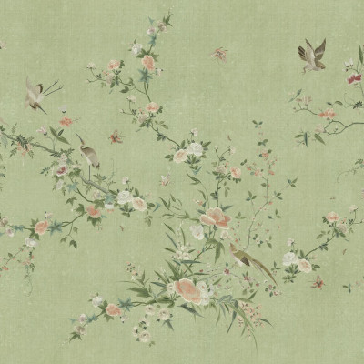 Tapet lavabil Bloom Green cu design floral delicat, în nuanțe de verde și roz pal.