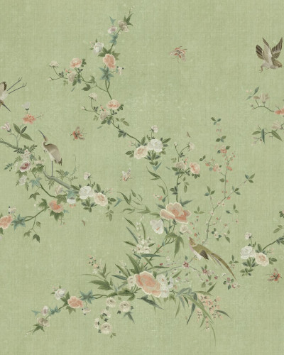 Tapet lavabil Bloom Green cu design floral delicat, în nuanțe de verde și roz pal.