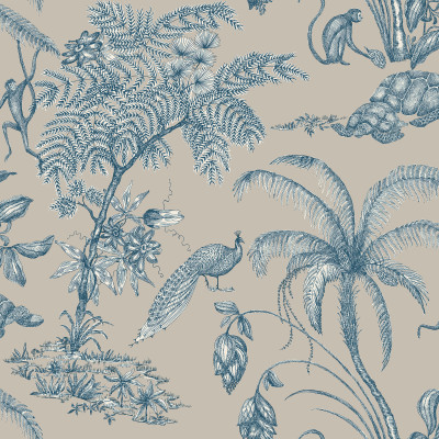 Tapet cu motive tropicale indigo și crem într-o sufragerie elegantă