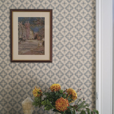 Tapet floral albastru indigo cu model geometric