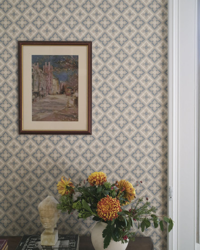 Tapet floral albastru indigo cu model geometric
