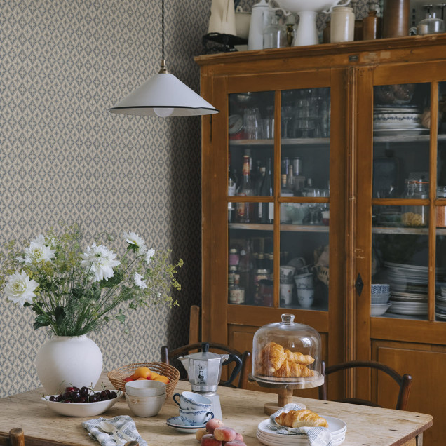Tapet floral albastru indigo cu model geometric