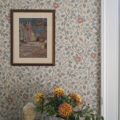 Tapet floral albastru și piersică