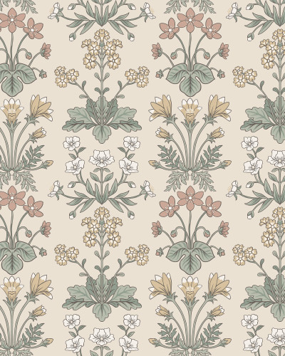 Tapet floral bej și verde într-o bucătărie elegantă