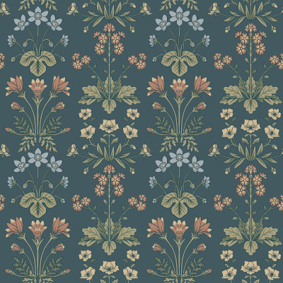 Tapet floral albastru inchis intr-o bucatarie primitoare